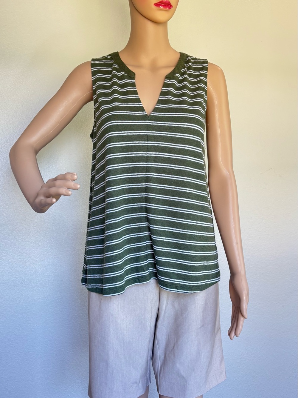 Old Navy Olive and White Striped Sleeveless Split-Neck Tank - Picture 13 of 13